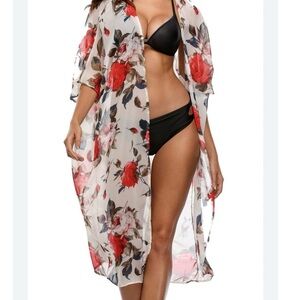 Women’s Sheer Rose Print Swim Coverup Kimono Cardigan XL